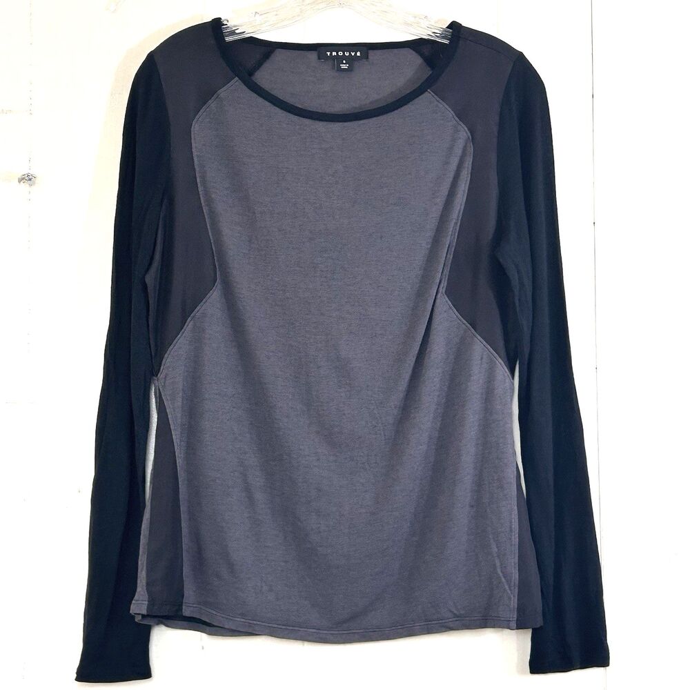 Trouve Women's Wool Silk Top Size S Black Gray Color-Block Long Sleeve Blouse